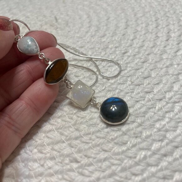 LARIMAR, TIGERS EYE, MOONSTONE & LABORADITE Handmade Sterling 925 Necklace #625D - Picture 3 of 3